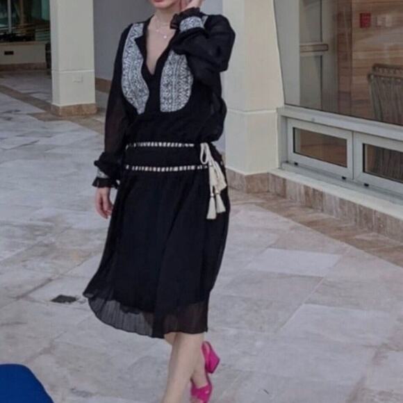 Zara Embroidered Black Midi Kaftan Lightweight Beach Bohemian Size Small Beachy - Picture 2 of 10